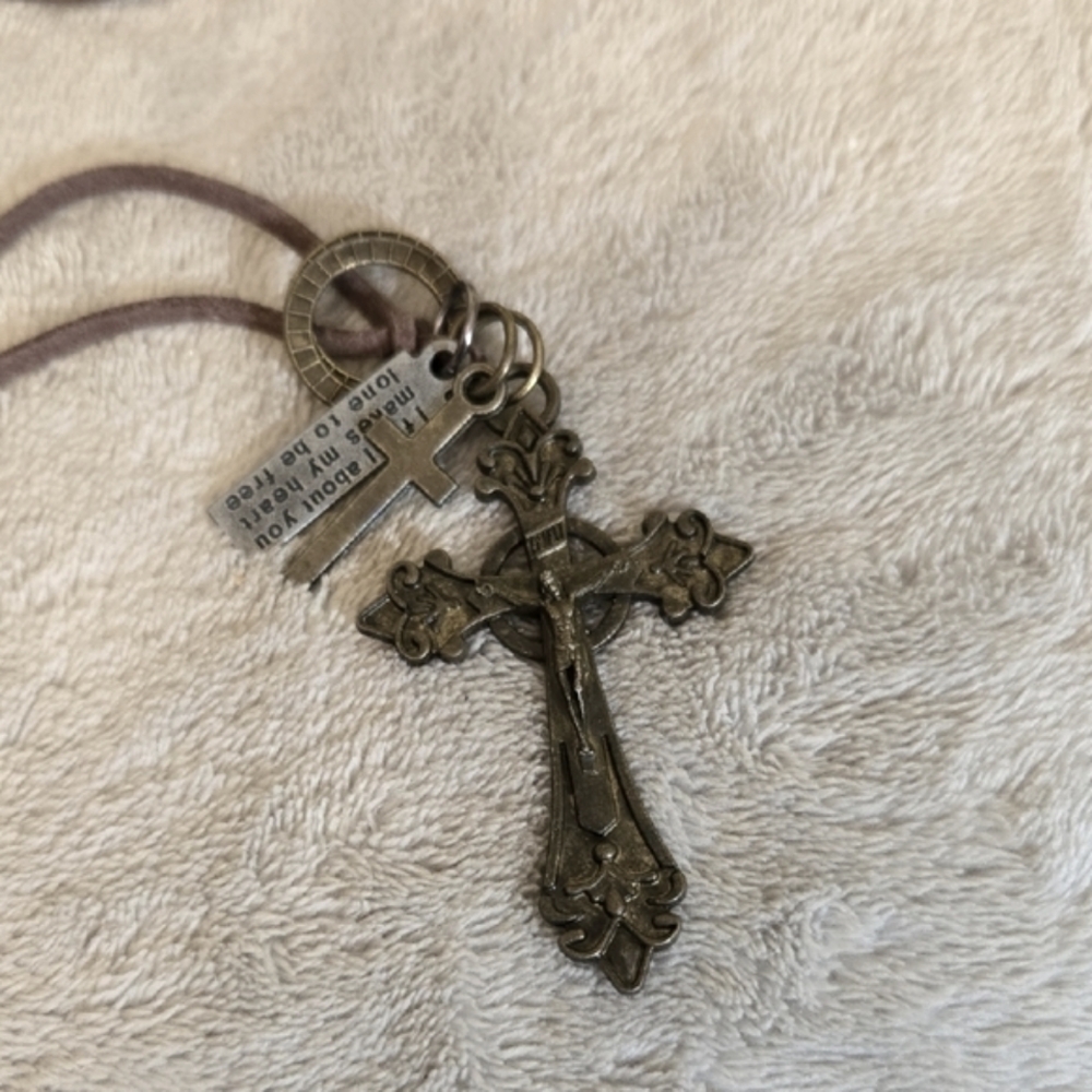 #570 Bronze Cross Pendant Necklace with Brown Cord - Picture 2 of 3